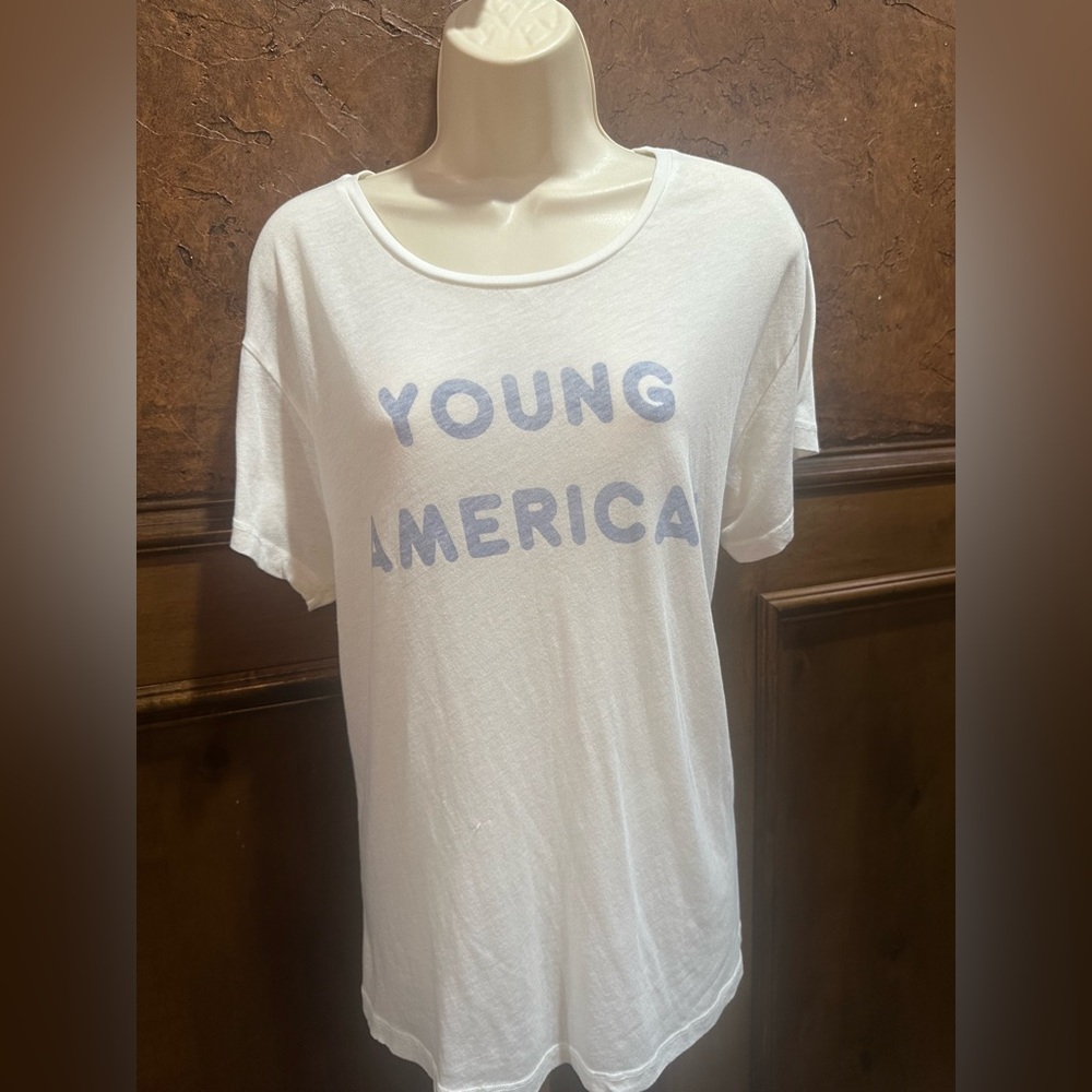 SIZE S OVERSIZED Wildfox Cream Tee with Blue 'Young America' Design